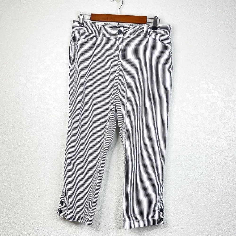 Loft Black White Railroad Striped Original Crop Ankle Straight Leg Trousers Sz 4